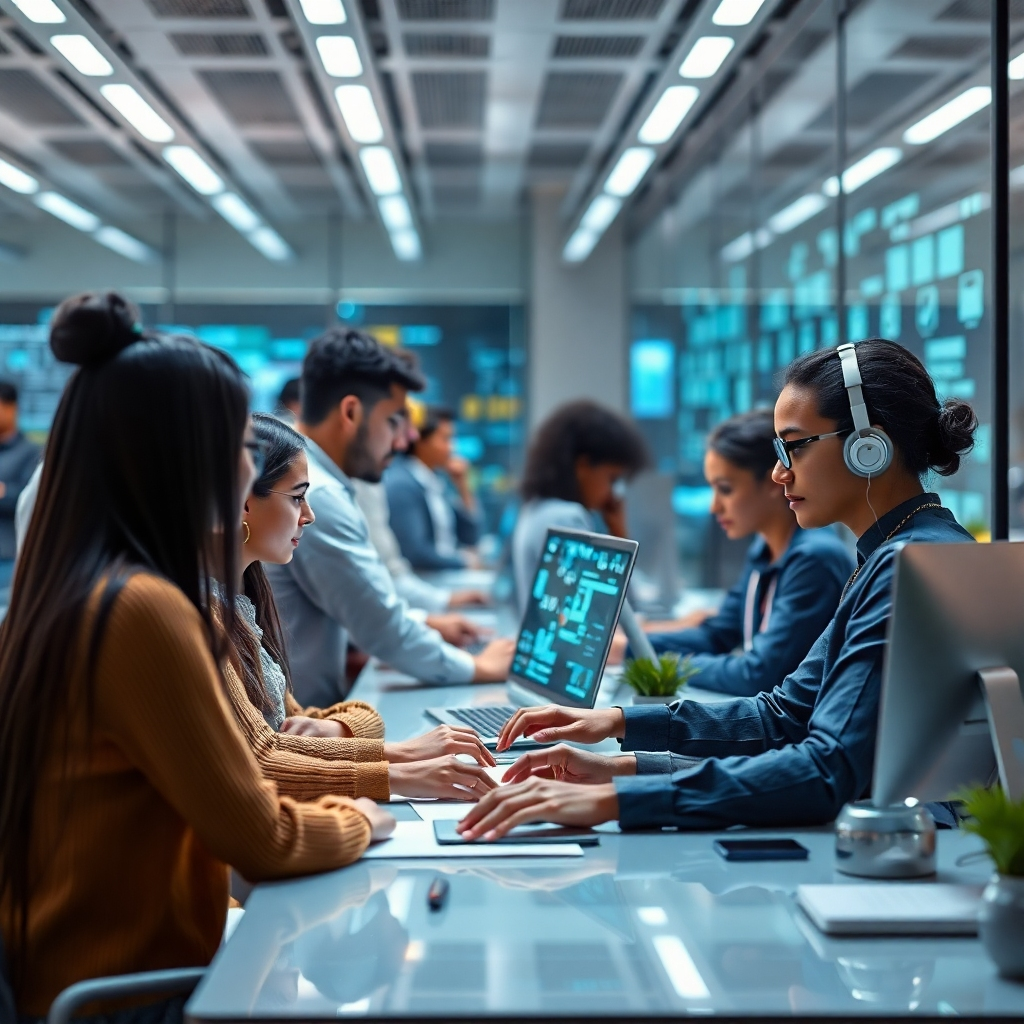 A futuristic but realistic image of a collaborative workspace showcasing humans and AI working together. The image should be diverse, inclusive and highlight the collaborative nature of humans and AI working together in the future.