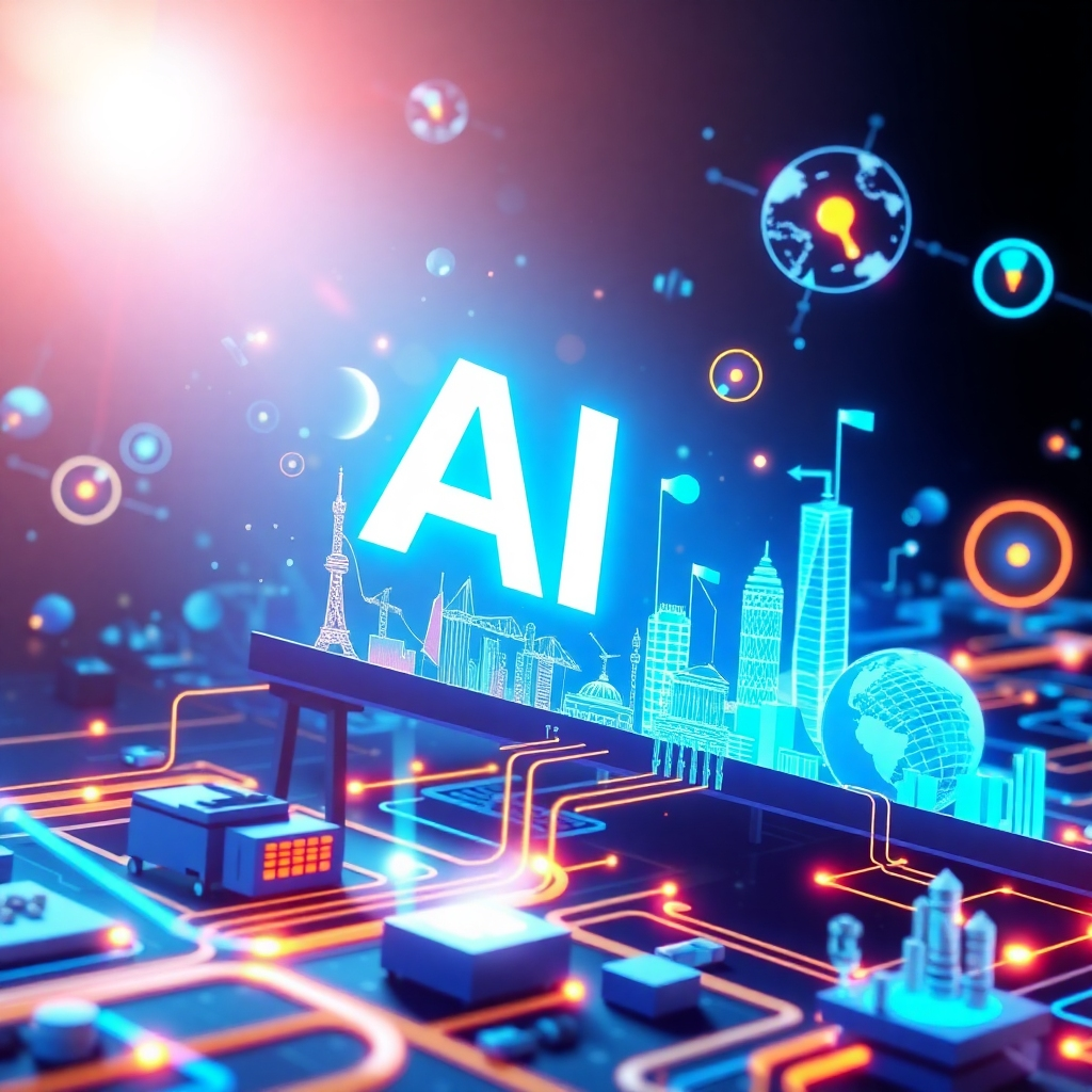 A futuristic image visualizing AI-driven innovation. It should illustrate a concept that connects cutting-edge AI technologies with different industries, demonstrating growth and improvements in various sectors. Use bright colors and futuristic designs to convey a feeling of progress and innovation.