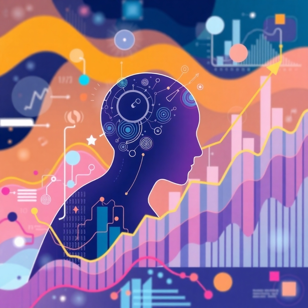 A stylized image visualizing AI-powered analytics. The image should be a combination of abstract data visualizations with a clear connection to business strategy. Use a color palette that showcases growth and success. The style could be inspired by infographics, showing data streams transforming into key insights and positive business outcomes.