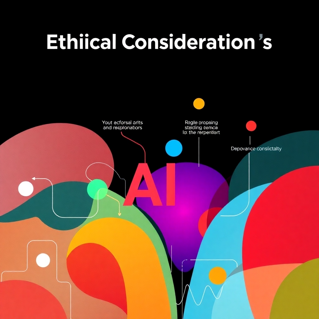 An abstract image visualizing ethical considerations in AI. Use colors that promote trust and responsibility. The image could use symbolic shapes and forms to represent different ethical considerations and potential challenges in implementing AI. The style should be thought-provoking and encourage ethical discussion.