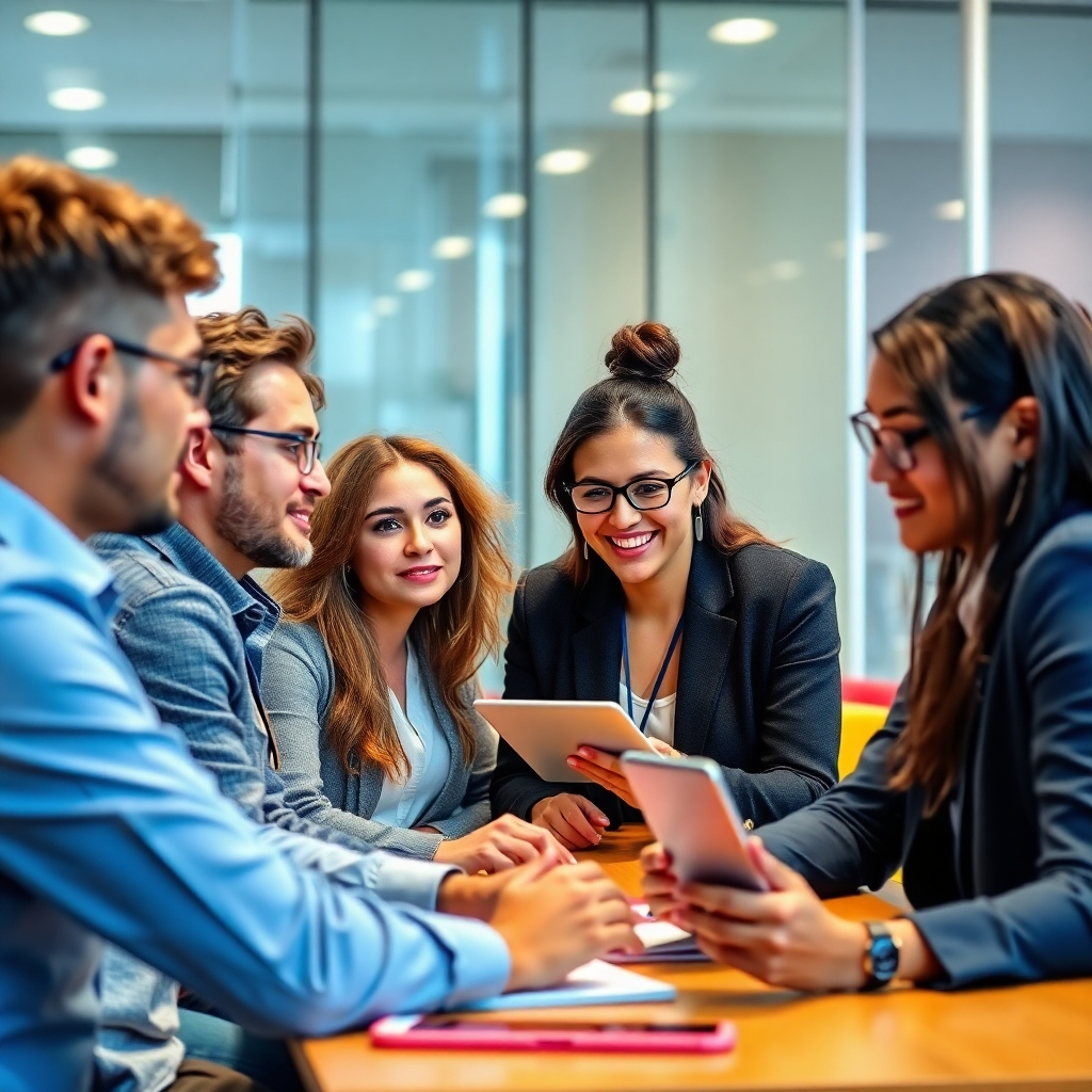 Create a photorealistic image of a group of professionals attending a training session, showing an engaging learning environment. The image should be vibrant, emphasizing the collaborative nature of the training, and showcasing the technology involved. The setting could be a modern and dynamic learning space.