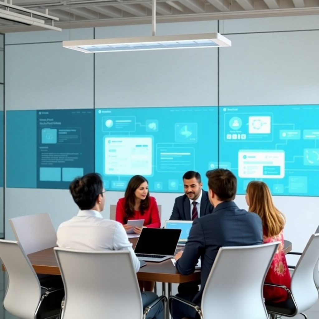 Create a photorealistic image of a business meeting where professionals are discussing and selecting the right AI tools to fit their unique requirements. The image should project a collaborative and professional environment. The background could subtly showcase various software interfaces, illustrating the process of choosing tools based on needs.