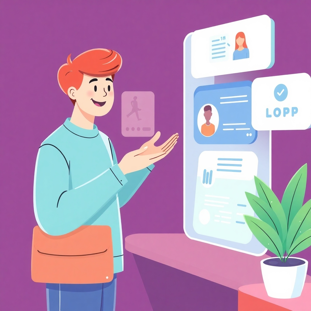 Create a stylized illustration showing a customer having a seamless and positive experience interacting with an AI-powered system. The scene can show a happy customer interacting intuitively with a user-friendly interface, getting quick and helpful service. The illustration style could use smooth lines, gradients, and bright colors to convey happiness and positive emotions.