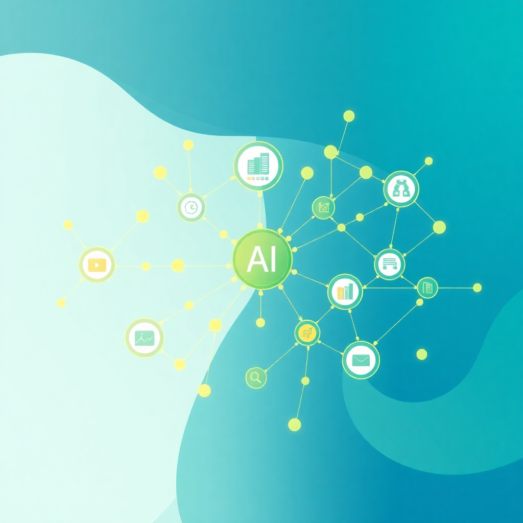 Create a stylized image representing the essence of our company, AI Implementations & Automations. The image should depict a network of interconnected nodes, each representing a different business process, with flowing data streams connecting them. These nodes should transform into simplified, futuristic icons of business functions (sales, marketing, operations). The color palette should be a mix of calming blues and vibrant greens, with accents of gold to convey premium quality. The composition should be a network of interconnected nodes, forming a cohesive, organic structure with flowing lines, suggesting collaboration and seamless integration. The style should mimic a technical illustration, with clean lines, sharp edges, and a balance between abstract representation and recognizable symbols. Use a slightly elevated camera angle to give a sense of overview and perspective. The lighting should be soft and even, ensuring all details are visible. The image should convey a sense of order, efficiency and innovation, reflecting the company's focus on AI-driven automation solutions.