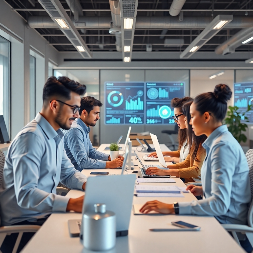 Photorealistic image of a modern office where employees are collaboratively working on innovative projects using AI-powered tools. The scene should be bright and airy with a focus on collaboration and efficiency. Show a diverse team collaborating, using advanced technology, and having a high level of productivity. The background should subtly showcase AI dashboards, data visualizations, and futuristic equipment.