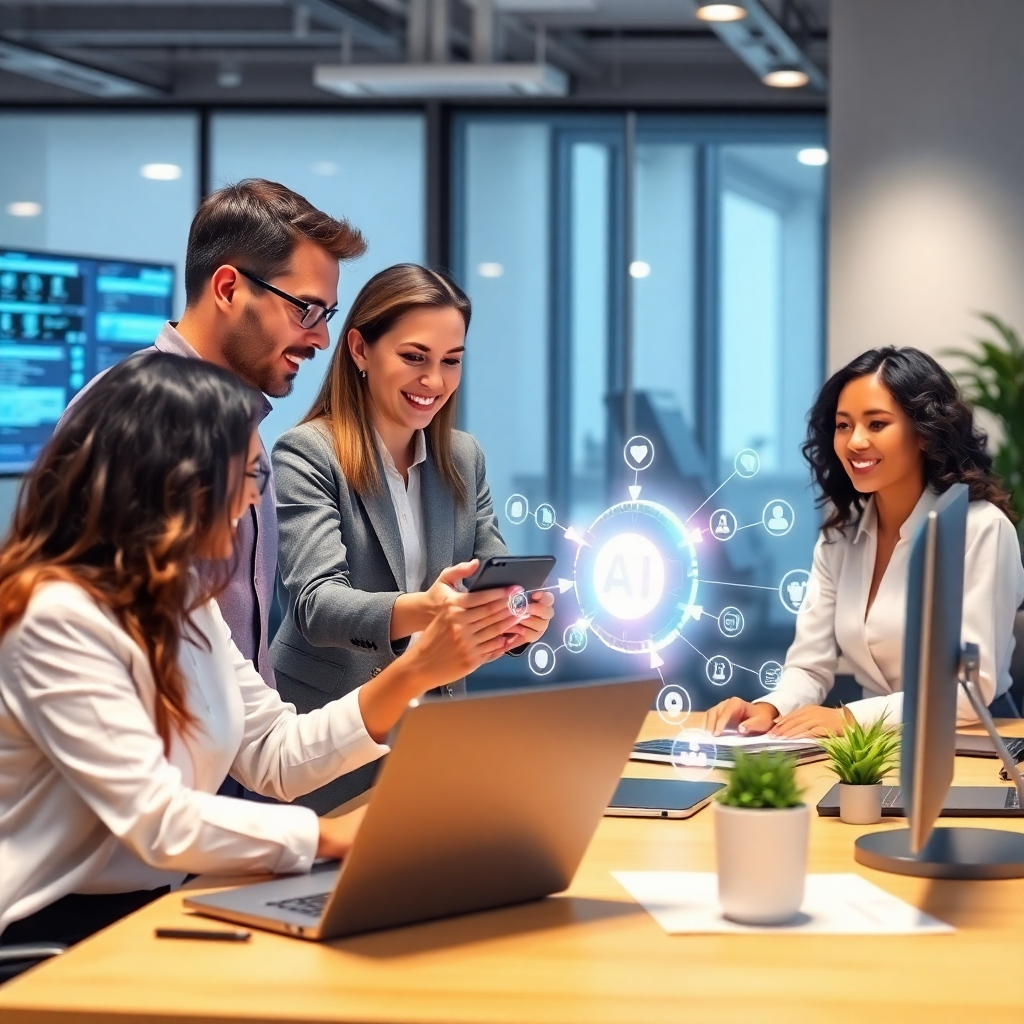Photorealistic image showcasing a team of professionals successfully implementing and managing an AI system in a modern business setting. The scene should convey a sense of success, efficiency, and well-organized teamwork. The focus should be on clear communication and collaboration within the team.