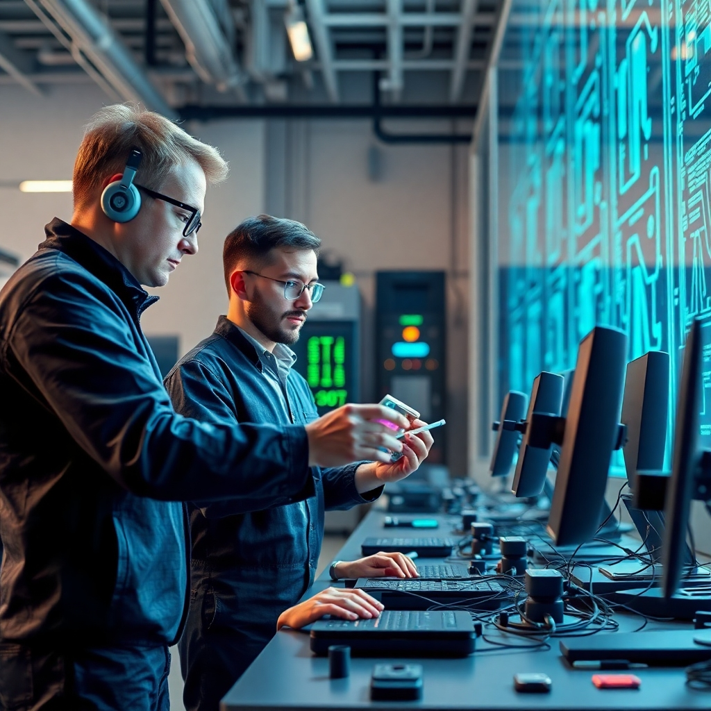 Photorealistic image showing a team of skilled engineers developing and deploying a cutting-edge AI system. The scene should be in a modern, technology-focused workspace, with a clear focus on the detail and effort involved in developing the system. The image should showcase sophisticated technology and a dynamic team of experts.
